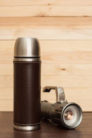 a set of fisherman on a wooden backgroundの写真素材