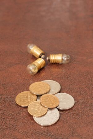 Vintage, a small light bulb with coins (Russian rubles) lie on a leather background. Steampunk.の写真素材