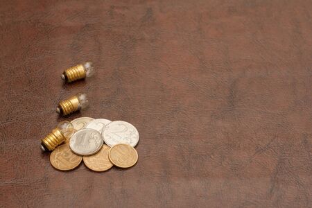 Vintage, a small light bulb with coins (Russian rubles) lie on a leather background. Steampunk.の写真素材