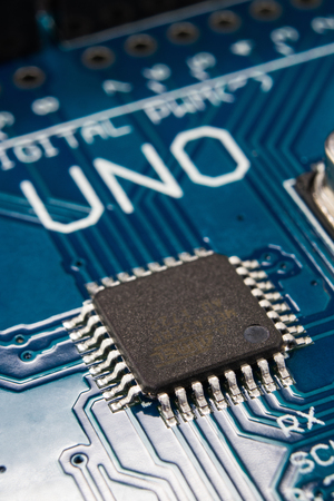 Russia, Cheboksary, September 16, 2018. Close-up of a chip board for the development of electronics...