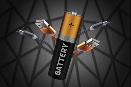 The concept of power supply of gadgets, the Internet of things. Portable charger. Conservation of electrical energy.. battery with inscriptions.の写真素材