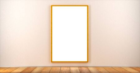 A blank poster in a frame hangs on a wall in a room. Mock up. 3D render.