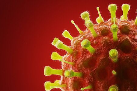 Image of Flu virus cell under the microscope on the blood.Coronavirus Covid-19 outbreak influenza background. 3D render.の写真素材