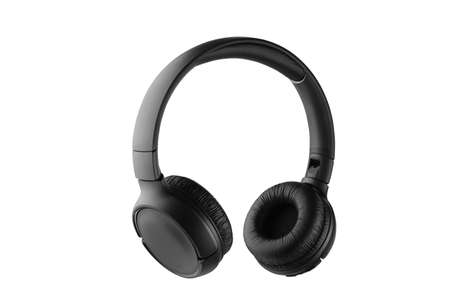 Black wireless headphones isolated on white background. Full depth of field.の写真素材