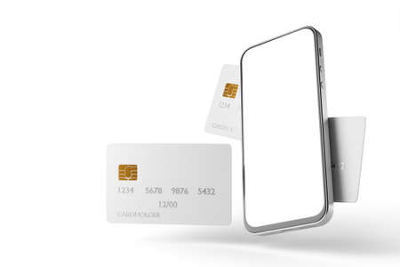 Mock-up of a smartphone with a white screen on the background of credit and business cards. Electronic payments. 3d renderingの写真素材