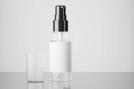 Medical or cosmetic spray mockup. Empty spray bottle mockup. Black spray lid. Transparent spray...