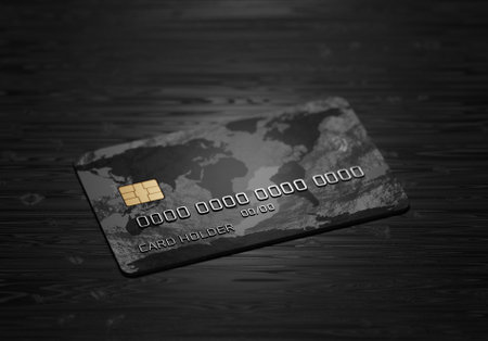 Payment system. Online payments. Credit card on a dark wooden background. 3d render.の写真素材