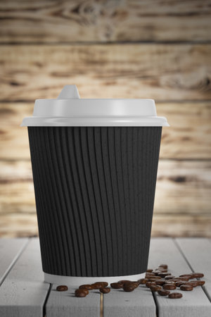 White paper cup on a wooden table, red brick wall on the background. 3d render.の写真素材