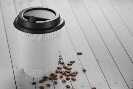 White paper cup with coffee on a white wooden table. 3d render.の写真素材
