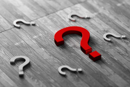 Question marks on a wooden background. Bright red question mark on a wooden background. 3d render.の写真素材