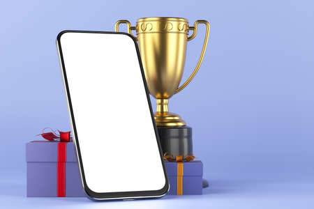 Games on a mobile phone. Smartphone, winner cup and gift wrapping. First place award. White screen...