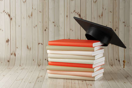 A stack of books with an academic hat on a wooden table. Innovative ideas for educational success explore the world. back to school. 3D rendering.の写真素材