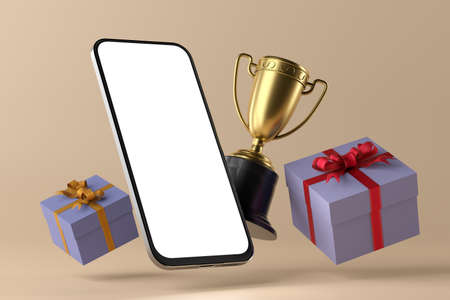 First place award. Smartphone, winner cup and gift boxes. Games on a mobile phone. White screen...