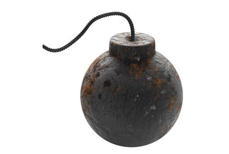 black iron round bomb with fuse-cord. Weapons of mass destruction. 3d renderの写真素材