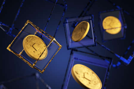 Cryptocurrency concept.Cryptomanets in blocks, cryptocurrency in a cube. Blockchain technology concept. 3d render.の写真素材