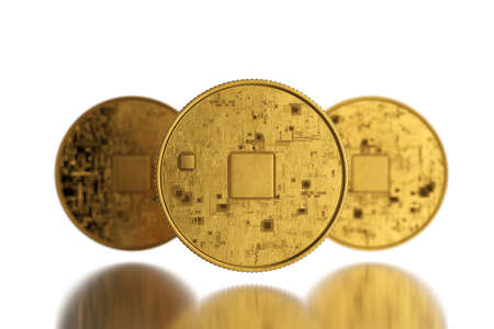 three 3 crypto coins with a front view. 3d render.の写真素材