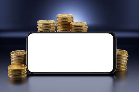 White screen smartphone for your cryptocurrency related design. Smartphone on the background of crypto coins. 3d render.の写真素材