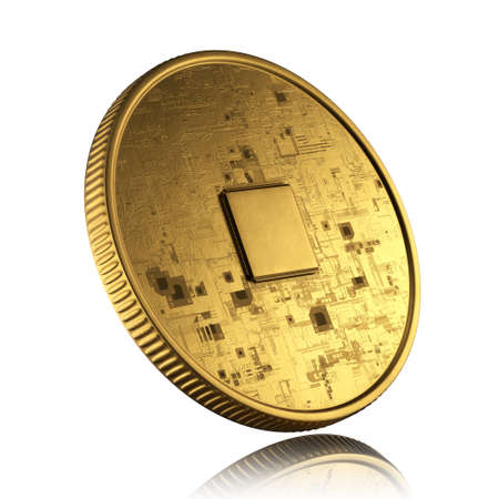 Cryptocurrency concept. Coin with microcircuits. 3d render.