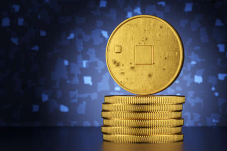 Crypto finance concept. A stack of crypto coins on an abstract digital background. 3d render.の写真素材