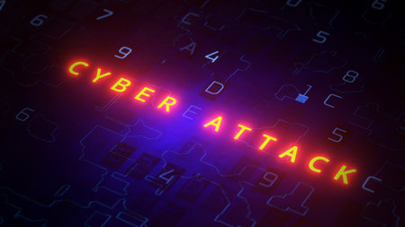 Glowing lettering inscription cyberattack on a digital background. 3d render.の写真素材