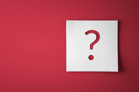 Carved sign question in a piece of white cardboard on a red table. 3D render.の写真素材