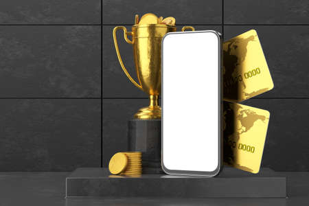 Smartphone blank for your application or SYATA. Smafrtphone with golden cups, coins and bank cards on a concrete background. 3D render.の写真素材
