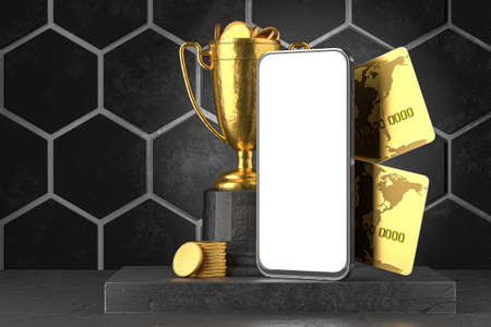 Smartphone blank screen for your casino design, first place, win. Smartphone with gold cups, coins and bank cards on a dark concrete background. 3D rendering.の写真素材