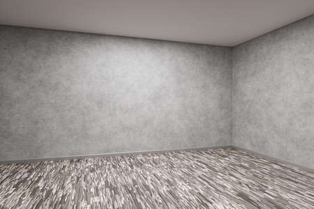 An empty dark room with a wooden floor and a concrete wall. 3d render.