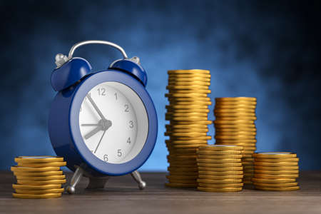 concept of business financial ideas with stack of coins and alarm clock, empty space for your design. 3d render.の写真素材