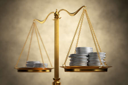 stacks of bright new shiny silver coins placed on scales. 3d renderの写真素材