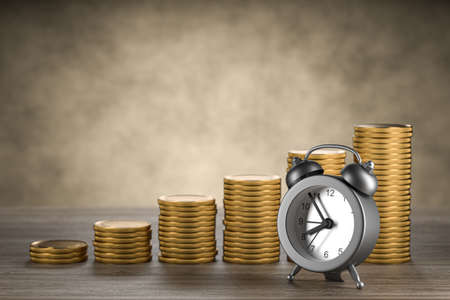 business financial ideas concept with stack of coins and alarm clock isolate background with free copy space for your creative ideas text. 3d renderの写真素材