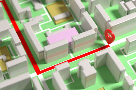 The concept of GPS navigation in the city. Point on the map of the city. 3d rendering.