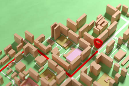 Waypoint on an abstract city map. GPS navigation in the city. 3d rendering.