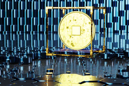 Cryptovaly concept. Coin with a chip on a futuristic background. 3D rendering.