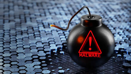 Bomb with malware icon. Virus attack on computer systems. Malware concept. 3d rendering.の写真素材
