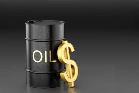 The concept of oil and fuel trafficking. Black metal barrel with dollar sign. 3D rendering.の写真素材