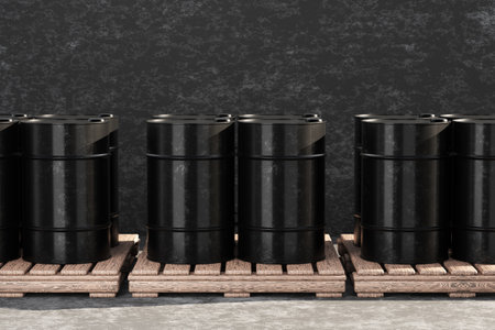 Black metallic barrels stand on a wooden pallet. 3D rendering.の写真素材