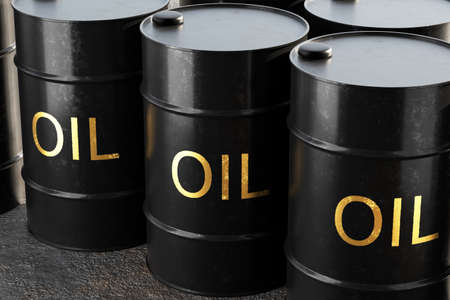 Metal barrels of black color with the inscription Oil. 3D rendering.の写真素材