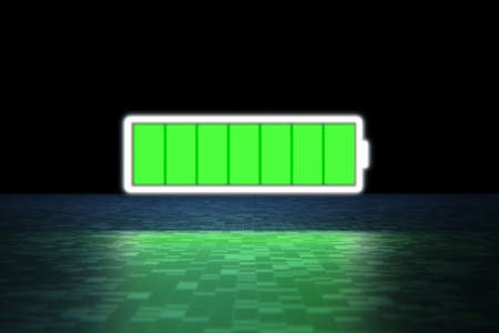 Battery charging concept. Glowing icon of a charged battery. 3d render.の写真素材