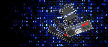 Metaverse concept, game joysticks on digital background. The inscription of the metaverse on the...