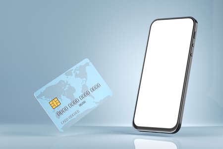 Mobile payment concept. Mockup of a bank card with a chip and a smartphone. Smartphone white screen....