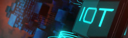 Wide banner with IOT inscription and technological background. Internet of things concept, 3d...