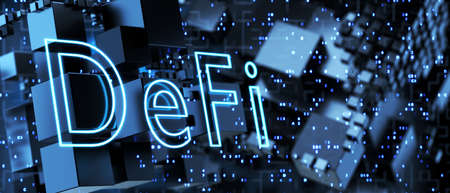 DeFi-decentralized finance on an abstract technological background made of metal cubes. Blockchain...