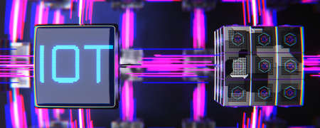 Internet of things concept. IOT on a dark abstract cube. Abstract microchip. 3d rendering..の写真素材