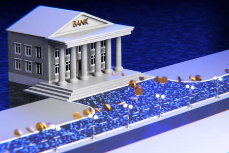 Bank building on the street. The movement of gold coins to and from the bank. Money transfer...