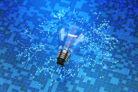 Startup concept, startup investment. Idea concept, light bulb with inscription idea on digital...