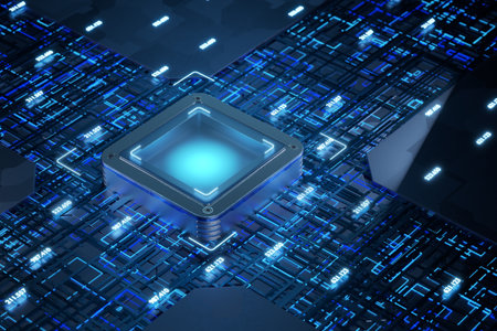 neurochip. Close-up view of a modern GPU card with circuit and colorful lights and details....