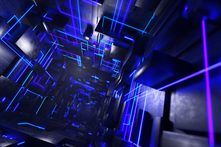 Abstract background from metal cubes. Tunnel of metal cubes and neon blue lines. 3d rendering..の写真素材