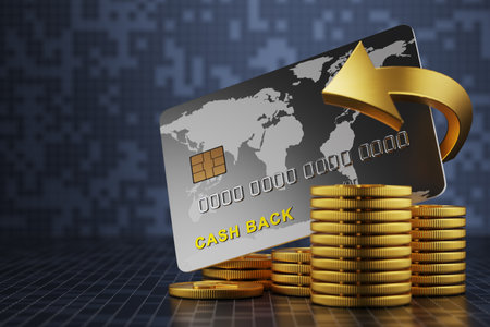 A stack of coins in front of a bank card. Money back concept. cashback. The arrows are spinning...