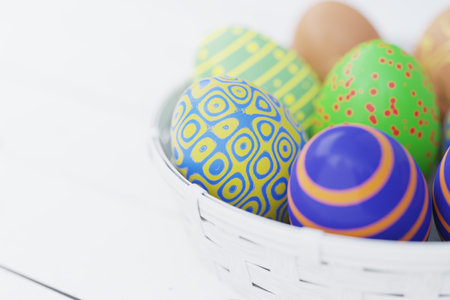 Easter still life. Colorful Easter eggs in a white basket on a wooden table. 3d rendering..